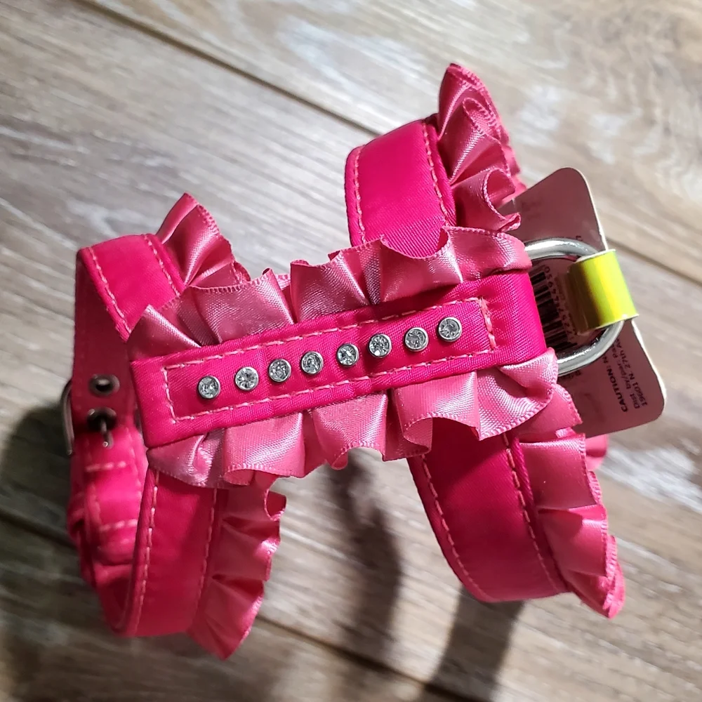 Hot Pink Ruffled Rhinestone Dog Harness With Silver Buckles Size XS